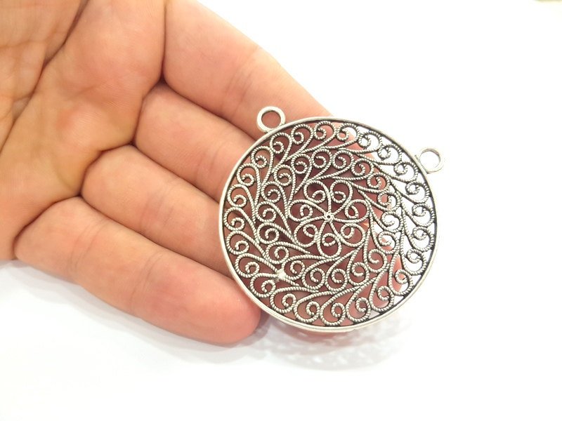 Antique Silver Plated Medallion Pendants (51mm) Antique Silver Plated Metal  G8420