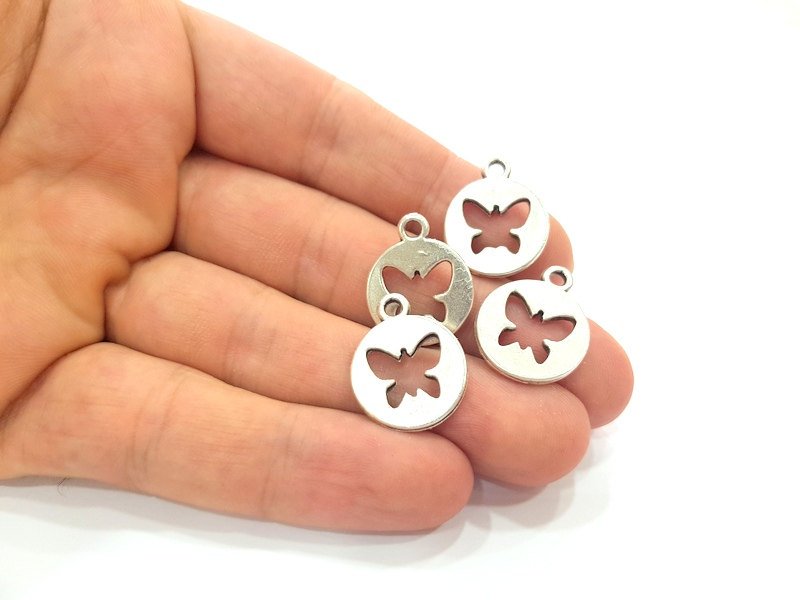 8 Butterfly Charms Antique Silver Plated Charms (17mm)  G6177