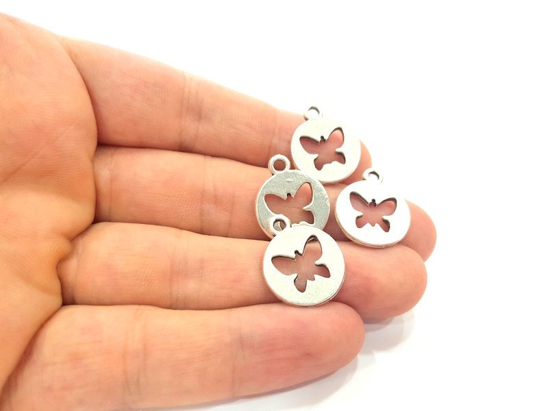 8 Butterfly Charms Antique Silver Plated Charms (17mm)  G6177
