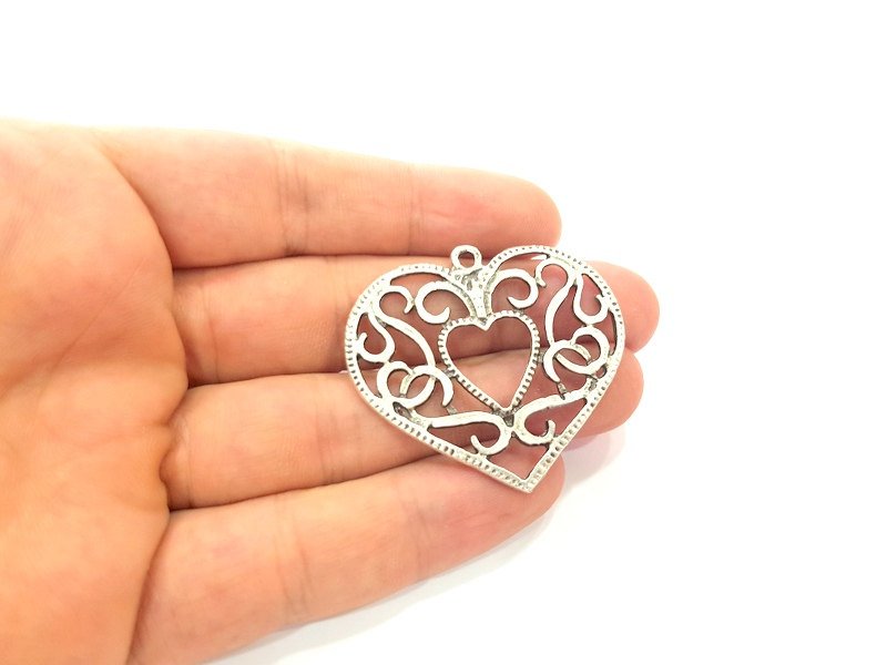 Heart Pendant Antique Silver Plated  (45x41mm) Antique Silver Plated Metal  G15625