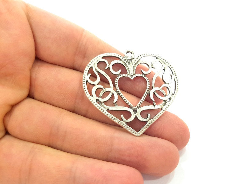 Heart Pendant Antique Silver Plated  (45x41mm) Antique Silver Plated Metal  G15625