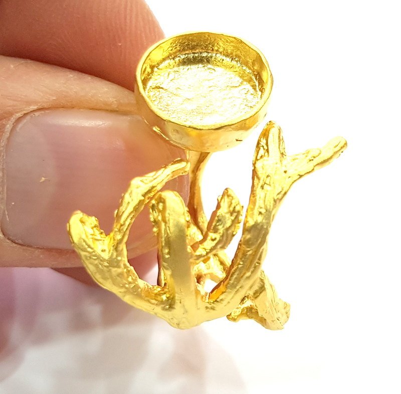 Gold Ring Blank Ring Settings Ring Bezel Base Cabochon Mountings Adjustable  (12 mm blank ) Gold Plated Brass G6520