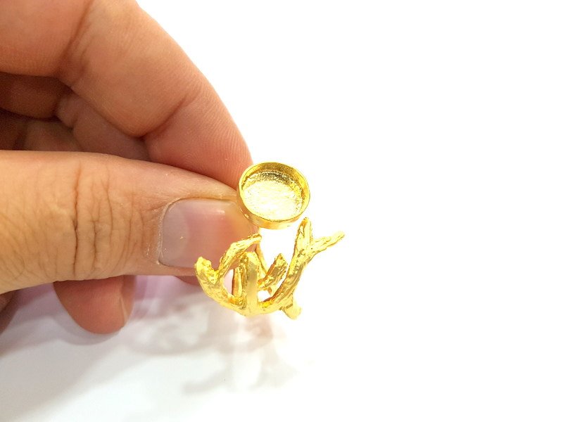Gold Ring Blank Ring Settings Ring Bezel Base Cabochon Mountings Adjustable  (12 mm blank ) Gold Plated Brass G6520