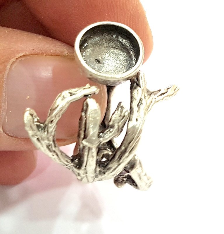 Silver Ring Blank Base Bezel Settings Cabochon Base Mountings Adjustable (10mm Blank) , Antique Silver Plated Brass G9190