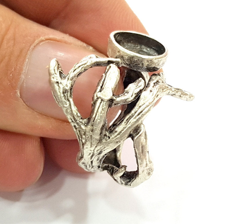 Silver Ring Blank Base Bezel Settings Cabochon Base Mountings Adjustable (10mm Blank) , Antique Silver Plated Brass G9190