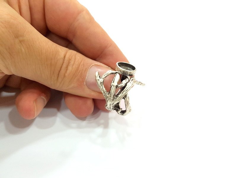 Silver Ring Blank Base Bezel Settings Cabochon Base Mountings Adjustable (10mm Blank) , Antique Silver Plated Brass G9190