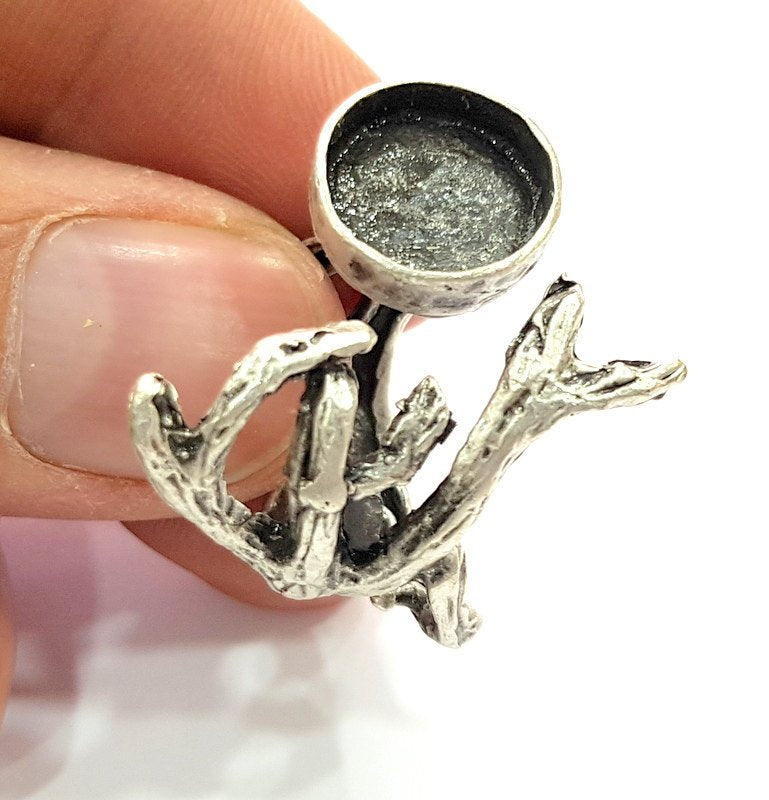 Silver Ring Blank Base Bezel Settings Cabochon Base Mountings Adjustable (12mm Blank) , Antique Silver Plated Brass G6526