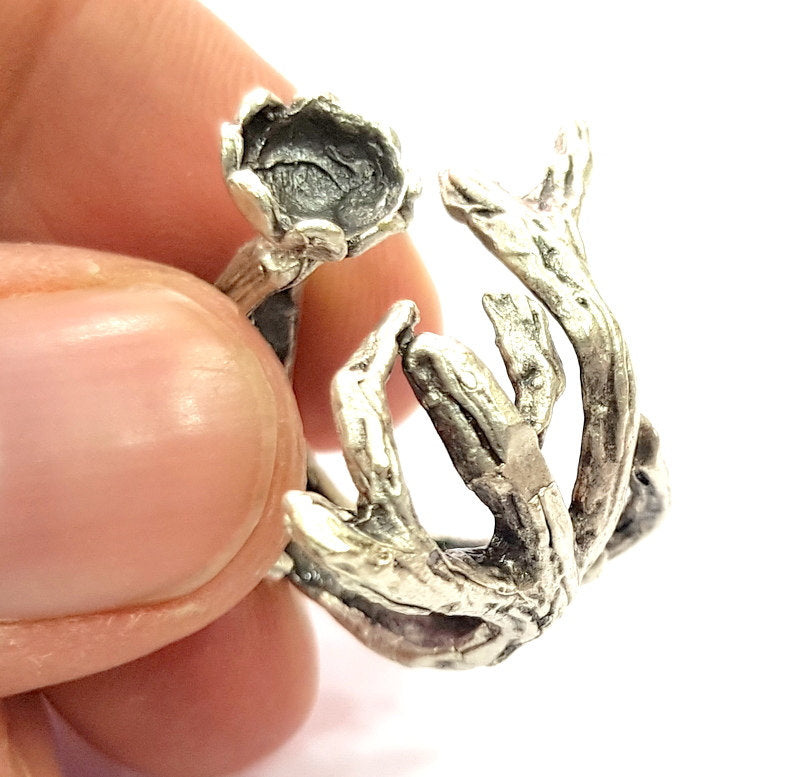 Branched Ring Blank Base Bezel Settings Cabochon Base Mountings Adjustable (6mm Blank) , Antique Silver Plated Brass G6527