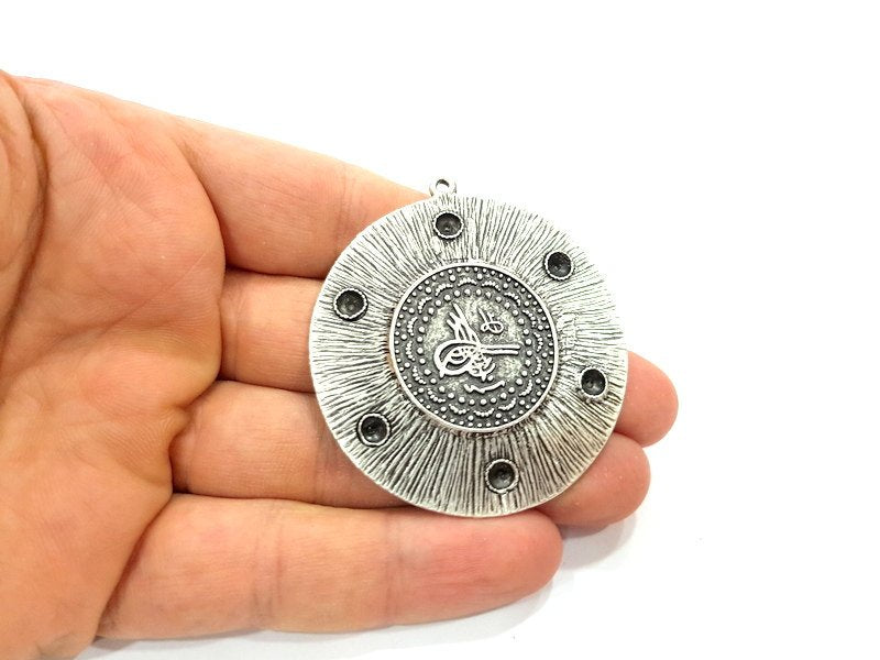 Silver Pendant Oxidized Silver Ottoman Pendants Antique Silver Plated Pendants (54mm)  G6553