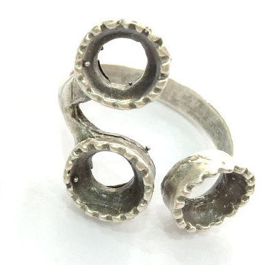 Silver Ring Blank Base Bezel Settings Cabochon Base Mountings Adjustable  (8mm Blank) , Antique Silver Plated Brass G3500