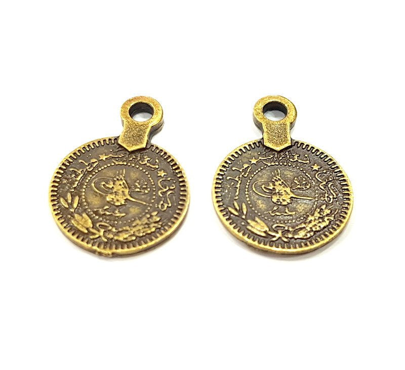 10 Antique Bronze Charms Ottoman Coin Signature Charms (17mm) G6648
