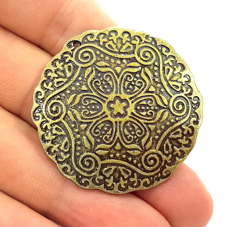 Antique Bronze Medallion Pendant, Earring Components (42mm) G6268