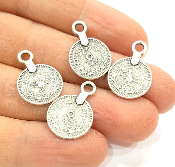 10 Silver Charms Antique Silver Coin Ottoman Signature Charms  10 Pcs (15mm) Antique Silver Plated Metal  G6416