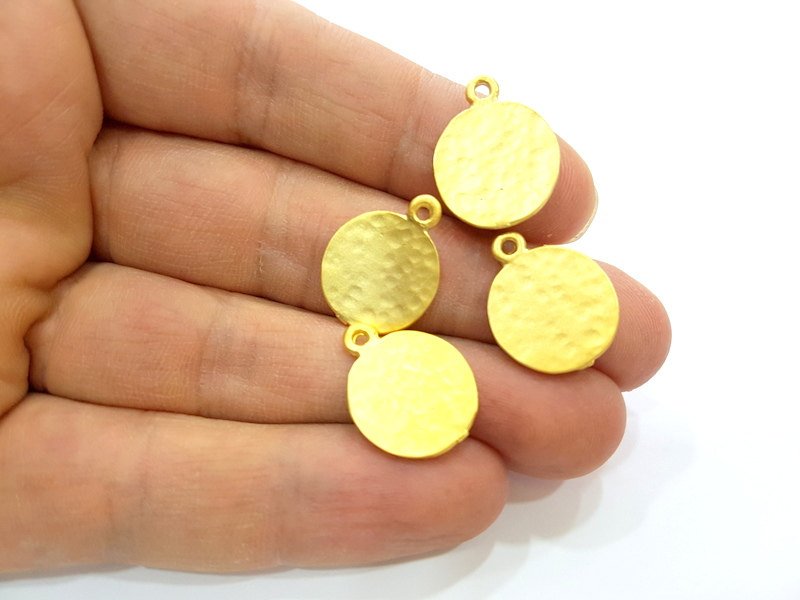 4 Gold Charms Gold Plated Hammered Charms  4 Pcs (16mm)  G6695