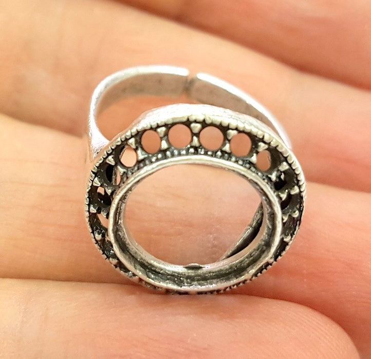 Silver Ring Blank Ring Settings Ring Bezel Base Cabochon Mountings Adjustable (for 12mm,2mm stone blanks) Oxidized Silver Plated Brass G6747