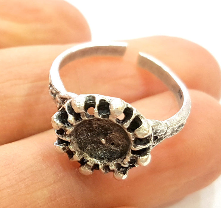 Silver Ring Blank Ring Settings Ring Bezel Base Cabochon Mountings Adjustable (for 8mm stone tiny blanks) Oxidized Silver Plated Brass G6764