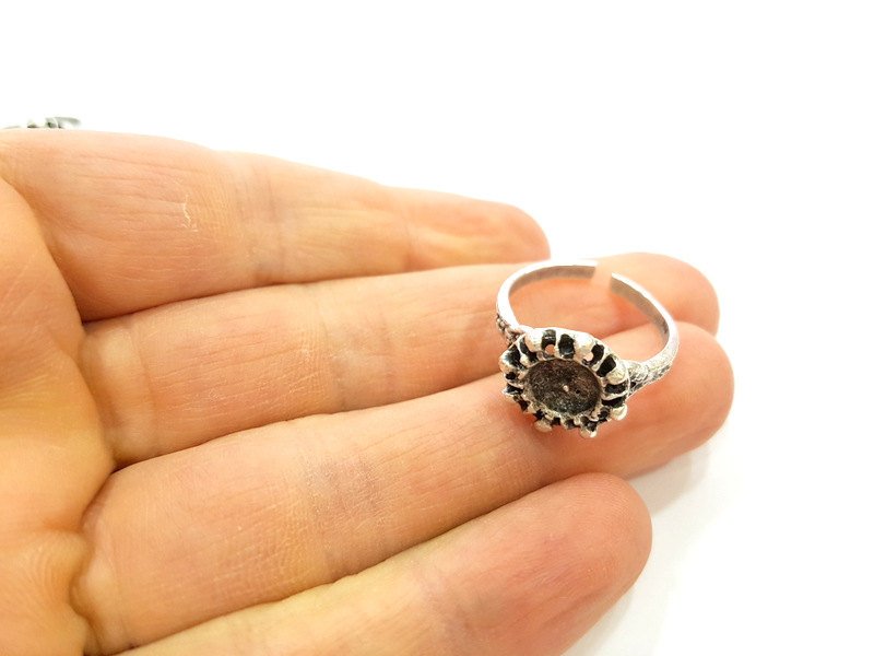 Silver Ring Blank Ring Settings Ring Bezel Base Cabochon Mountings Adjustable (for 8mm stone tiny blanks) Oxidized Silver Plated Brass G6764