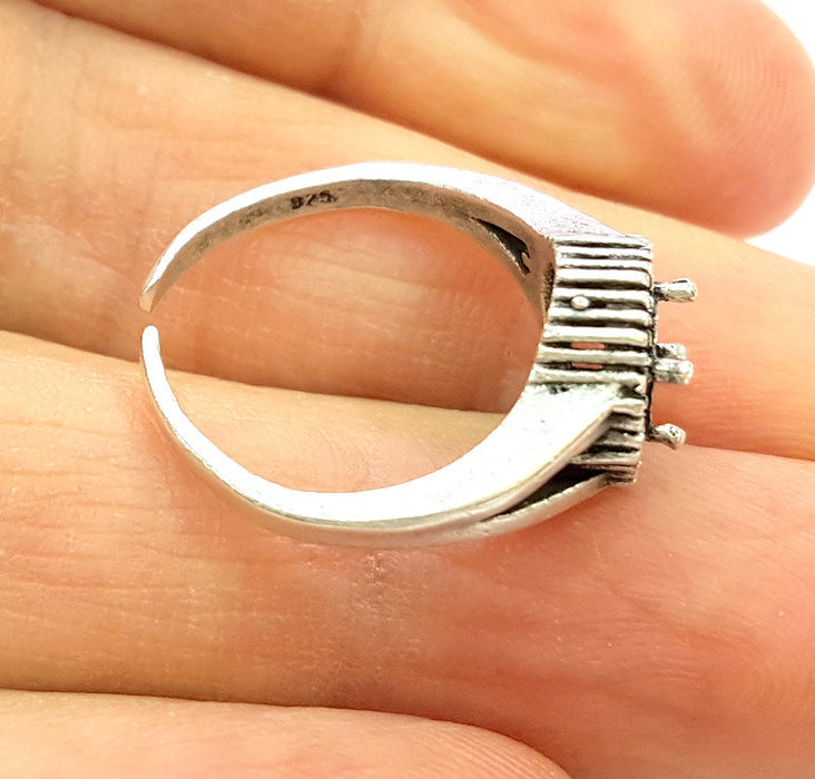 Silver Ring Blank Ring Setting Ring Bezel Base Cabochon Mountings Adjustable(for 6mm,2mm stone blanks)Oxidized Silver Plated Brass G6772