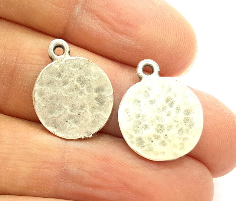 10 Silver Charms Antique Silver Plated Hammered Charms 10 Pcs  (15mm) G6787