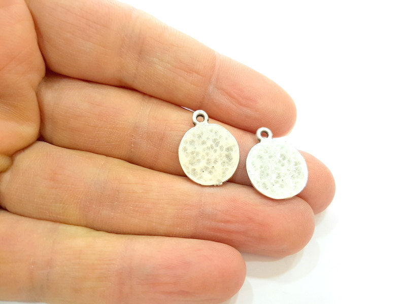 10 Silver Charms Antique Silver Plated Hammered Charms 10 Pcs  (15mm) G6787