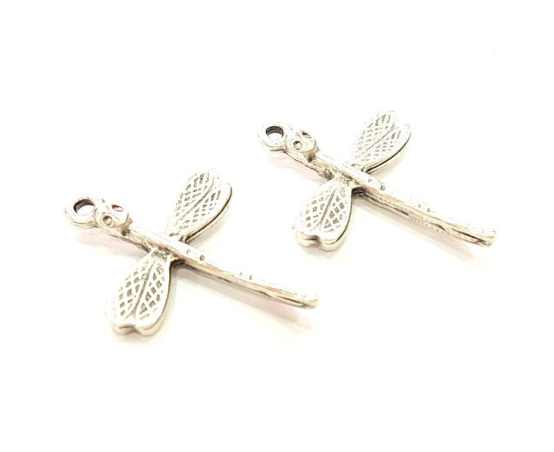 10 Silver Charms Antique Silver Plated Dragonfly Charms 10 Pcs  (27x19mm) G6788