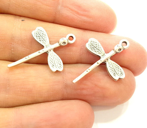 10 Silver Charms Antique Silver Plated Dragonfly Charms 10 Pcs  (27x19mm) G6788