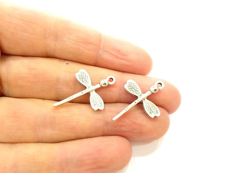 10 Silver Charms Antique Silver Plated Dragonfly Charms 10 Pcs  (27x19mm) G6788