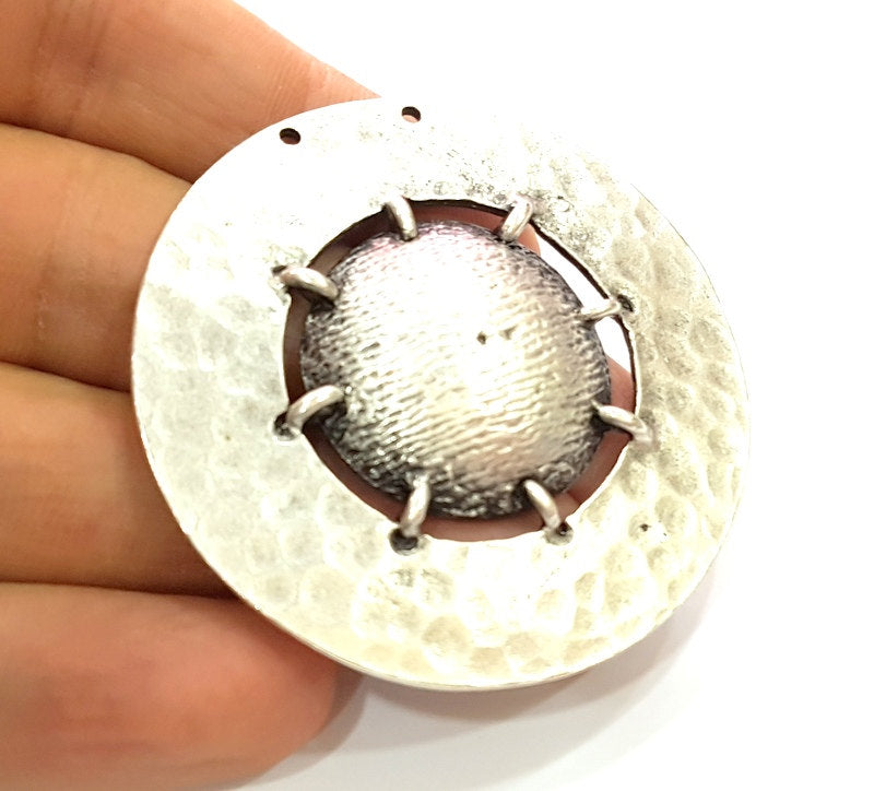 Silver Pendant Antique Silver Plated Hammered Pendants (55mm) Antique Silver Plated Metal  G6793