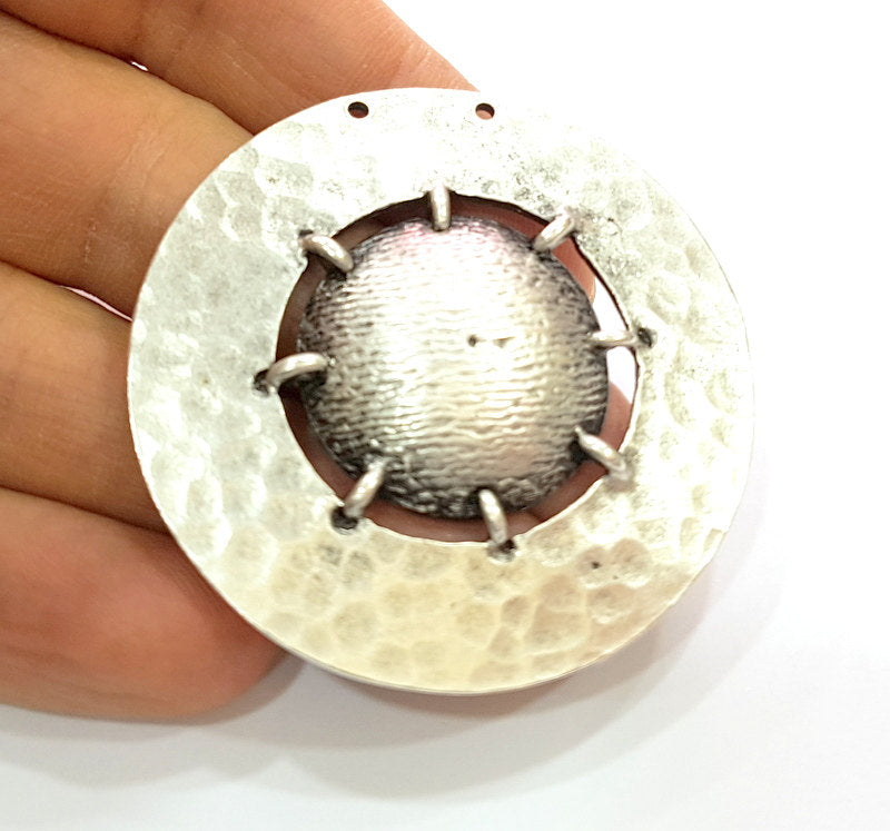Silver Pendant Antique Silver Plated Hammered Pendants (55mm) Antique Silver Plated Metal  G6793