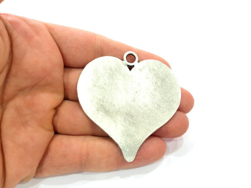 Antique Silver Pendant Large Heart Hammered Pendant Medallion  (65x58mm) Antique Silver Plated G12291