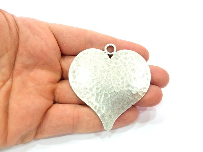 Antique Silver Pendant Large Heart Hammered Pendant Medallion  (65x58mm) Antique Silver Plated G12291