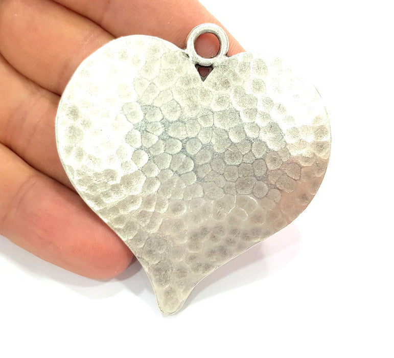 Antique Silver Pendant Large Heart Hammered Pendant Medallion  (65x58mm) Antique Silver Plated G12291