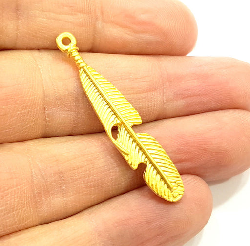 4 Gold Feather Charms Gold Plated Charms (42x8mm)  G6811