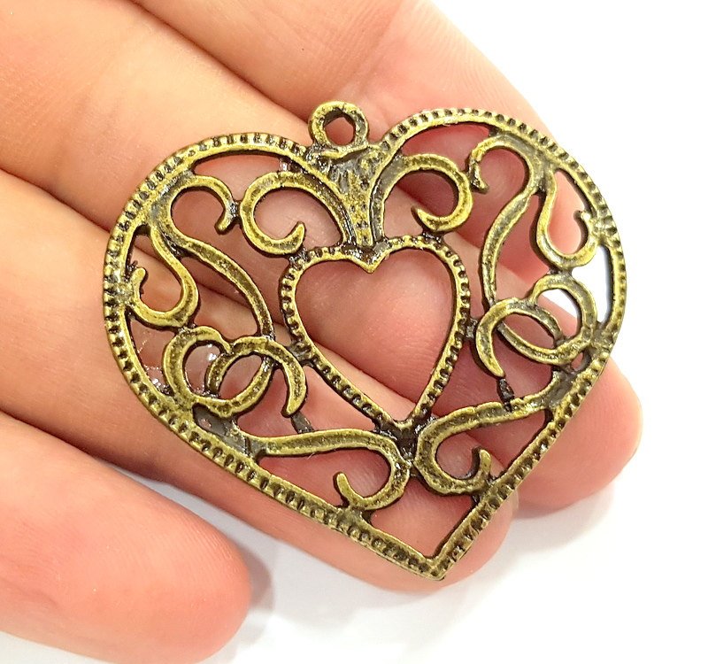 2 Heart Pendant Antique Bronze Tone (45x41mm) G6333