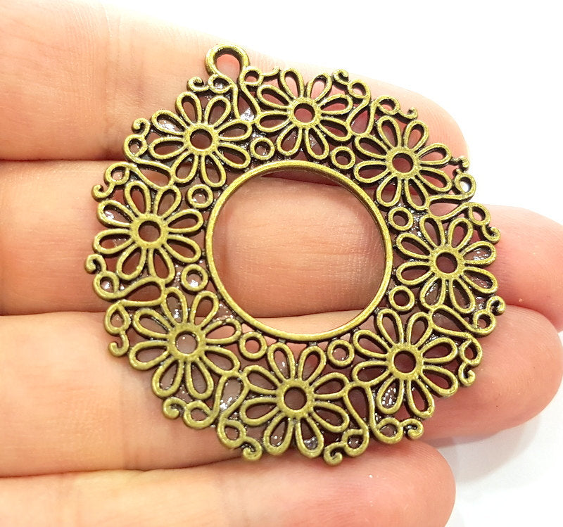 2 Flower Pendant Antique Bronze Pendant  Filigree (52mm) G6334