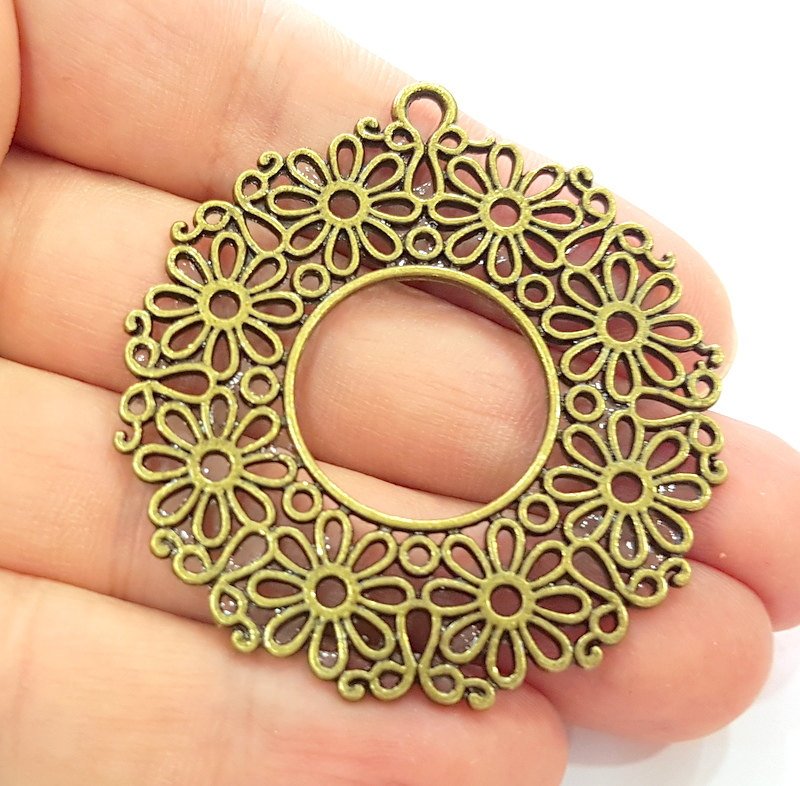 2 Flower Pendant Antique Bronze Pendant  Filigree (52mm) G6334