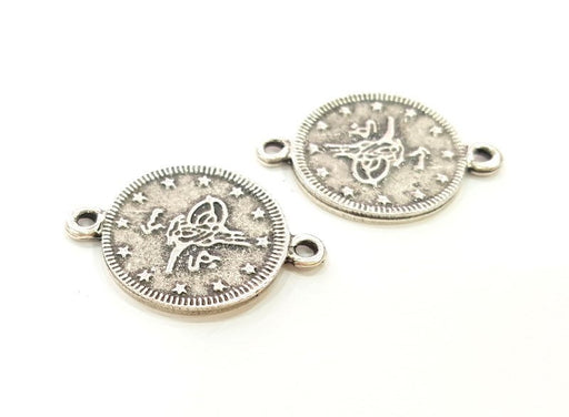 6 Silver Charms Connector Antique Silver Plated Ottoman Signature Charms 6 Pcs (18mm)   G16744