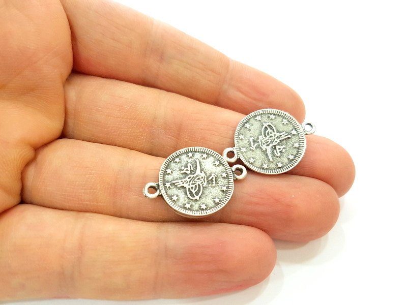 6 Silver Charms Connector Antique Silver Plated Ottoman Signature Charms 6 Pcs (18mm)   G16744