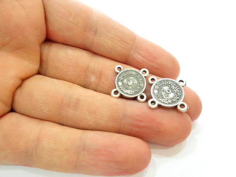 6 Silver Charms Connector Antique Silver Plated Ottoman Signature Charms 6 Pcs (13mm)  G6954