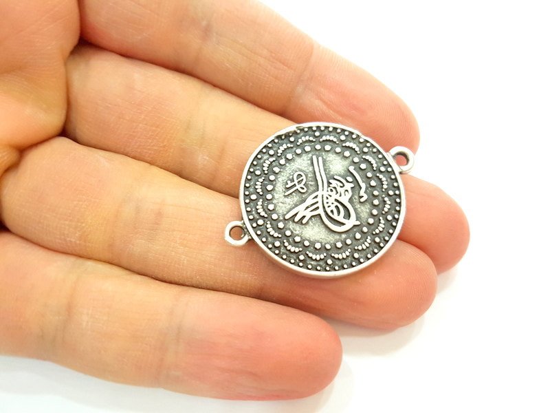 2 Silver Pendant Connector Antique Silver Plated Ottoman Signature Pendant (28mm)  G6950