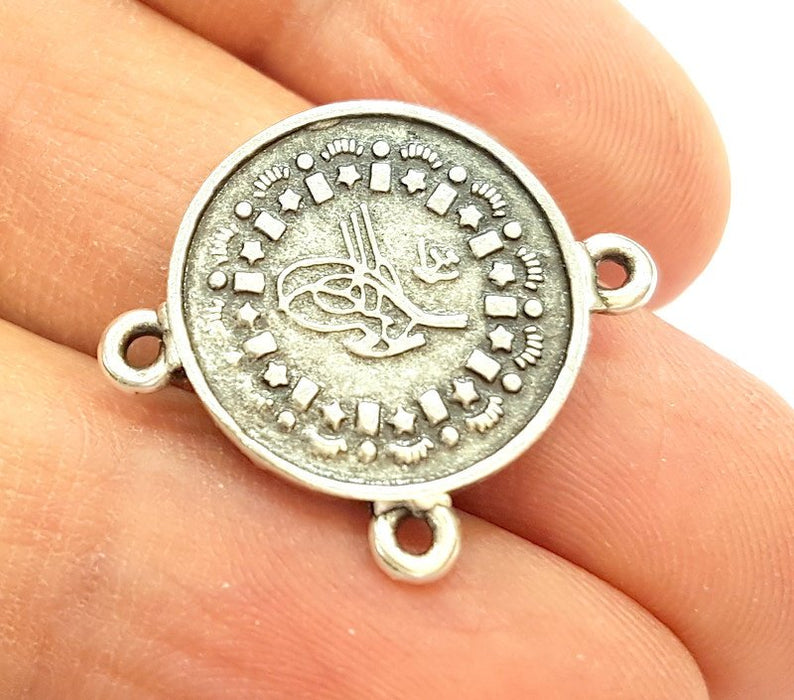 4 Silver Charms Connector Antique Silver Plated Ottoman Signature Charms 4 Pcs (20mm) G6952