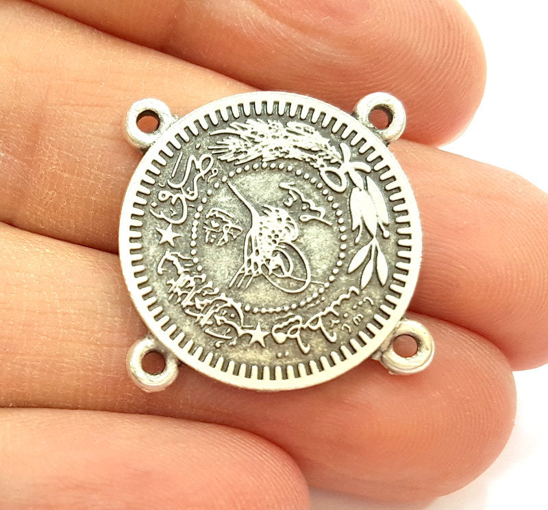 2 Silver Pendant Connector Antique Silver Plated Ottoman Signature Pendant (24mm)  G6953