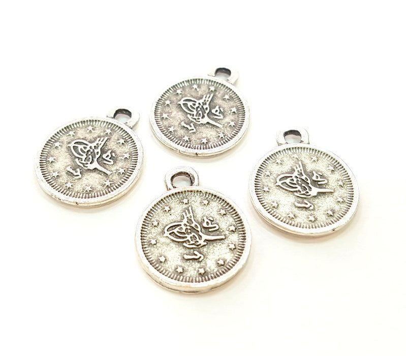 10 Silver Charms Connector Antique Silver Plated Ottoman Signature Charms 10 Pcs (14mm) G6949