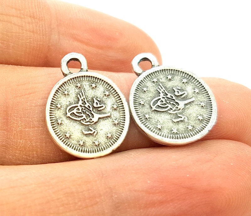 10 Silver Charms Connector Antique Silver Plated Ottoman Signature Charms 10 Pcs (14mm) G6949
