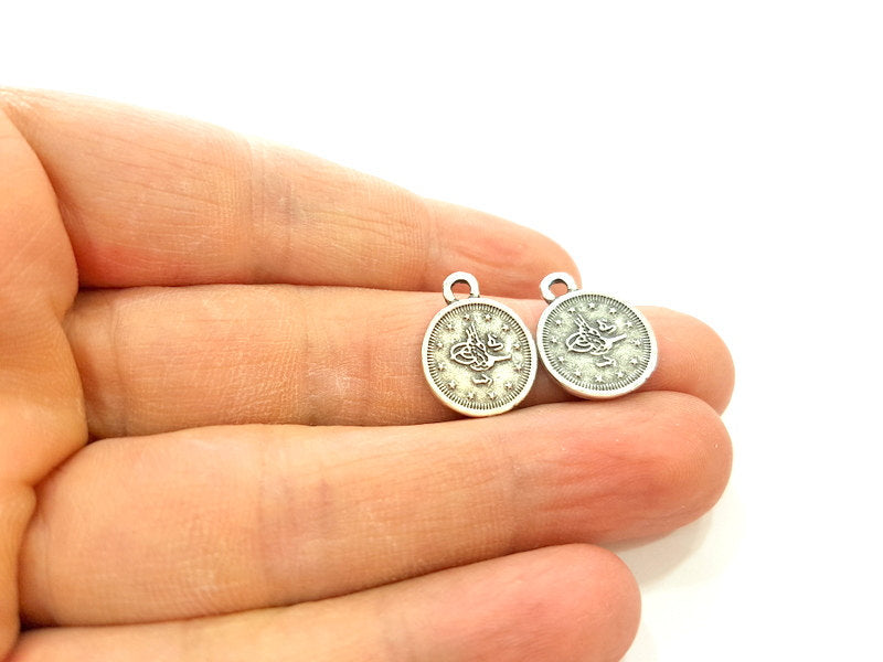 10 Silver Charms Connector Antique Silver Plated Ottoman Signature Charms 10 Pcs (14mm) G6949