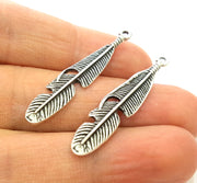 6 Silver Pendant Antique Silver Plated Feather Pendants (42x9mm)  G17124