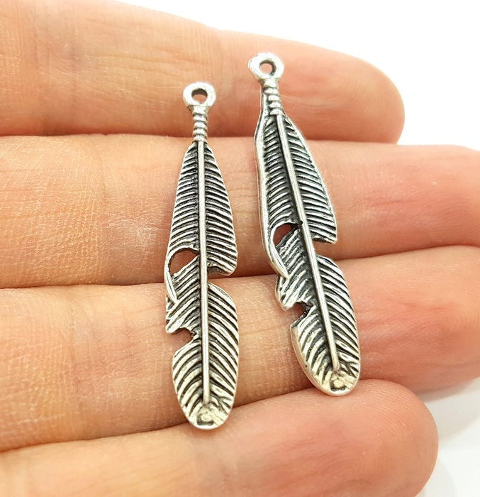 6 Silver Pendant Antique Silver Plated Feather Pendants (42x9mm)  G17124