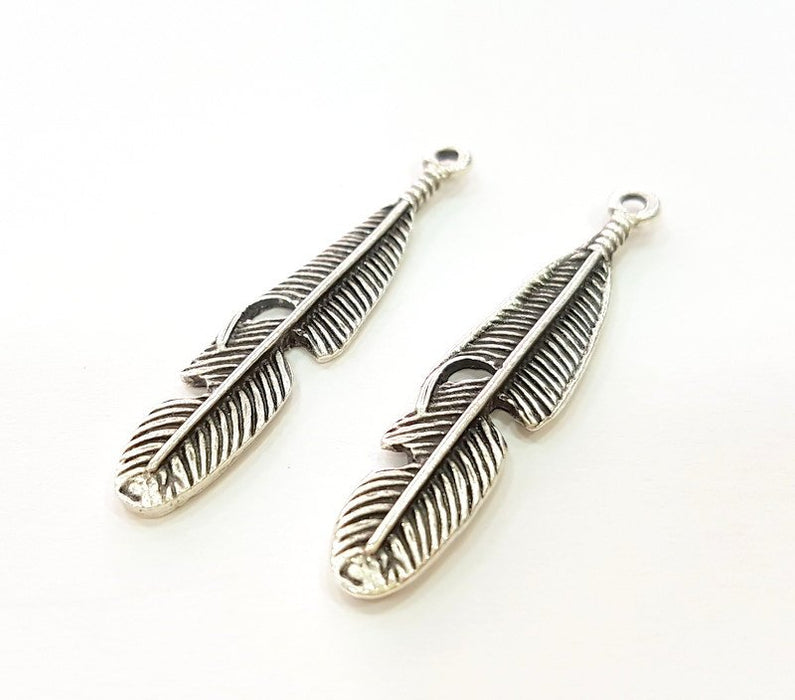 6 Silver Pendant Antique Silver Plated Feather Pendants (42x9mm)  G17124