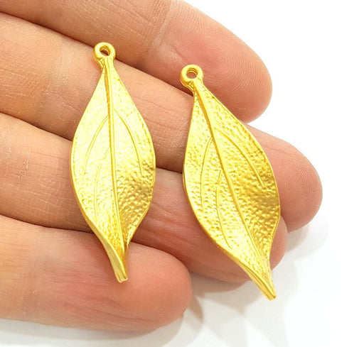 2 Gold Pendant Gold Plated Leaf Pendant (46x15mm)  G7021