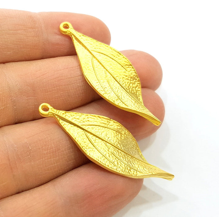 2 Gold Pendant Gold Plated Leaf Pendant (46x15mm)  G7021